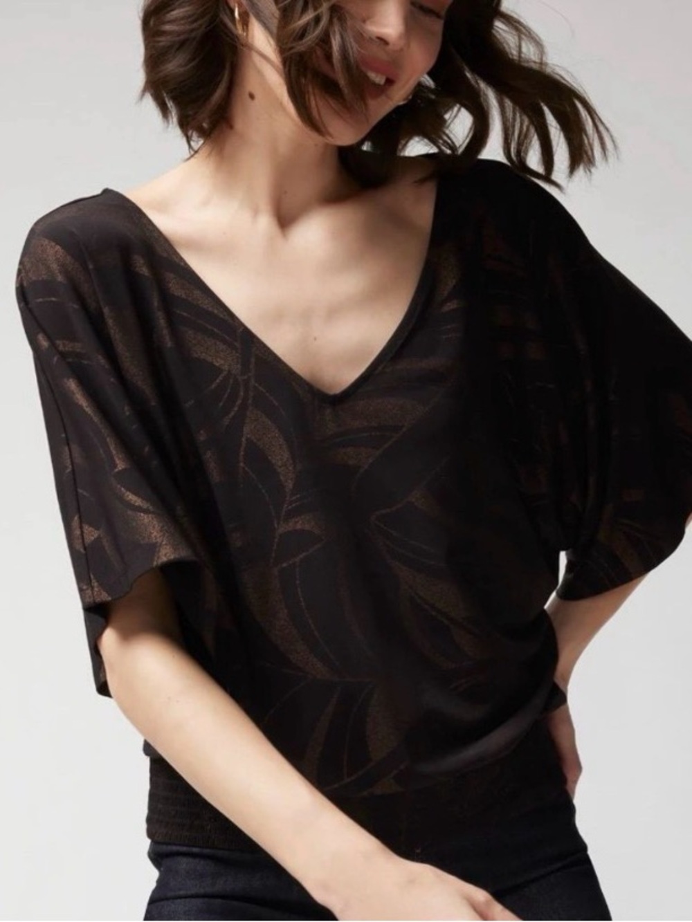 White House Black Market | Black/Bronze Duel Neckline Jersey Kimono Top Sz Large